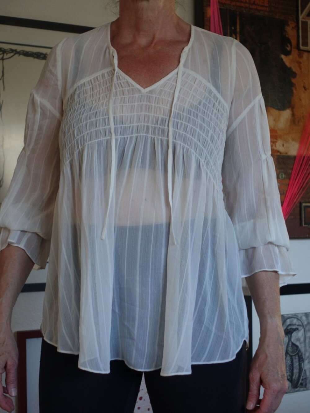 AllSaints White Sheer Peasant Blouse Smocked Boho 3/4 Sleeve Top Size XS